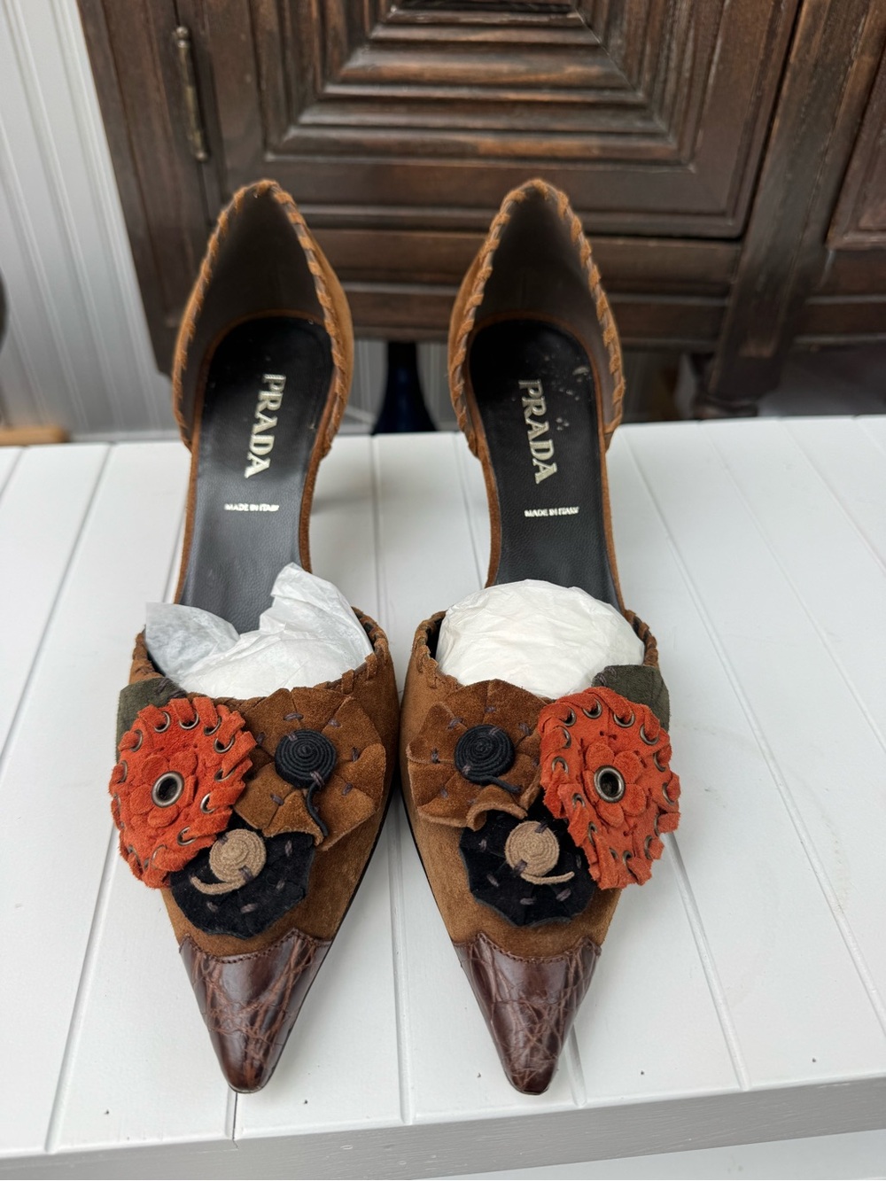 Prada Scamosciato Flo Tabacco Suede Floral low heel EU 36 vintage